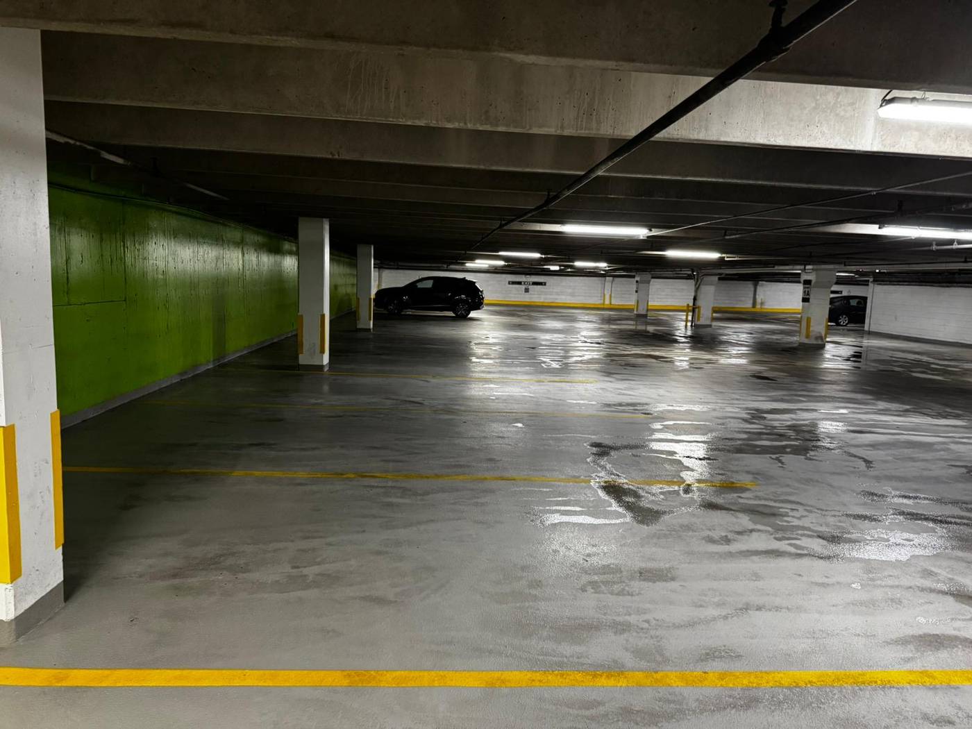 Freshly washed commercial garage floor